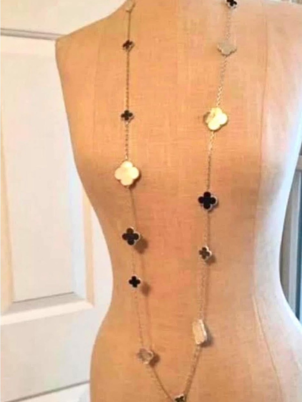 Mother-of-Pearl and Black Clover White Gold Long Necklace - Women Jewelry